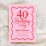 Convite Pink Red Retro 40th Birthday Wavy Border<br><div class="desc">Pink red 40th birthday party invitation. Trendy modern design with a retro touch,  perfect for a stylish women's bday celebration. Features wavy border and script font. Customize with your own details. Message me if you need custom age. Printed Zazzle invitations or instant download digital printable template.</div>