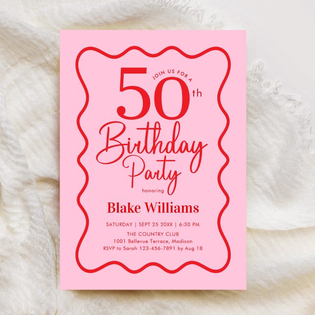 Convite Pink Red Retro 50th Birthday Wavy Border (Criador carregado)