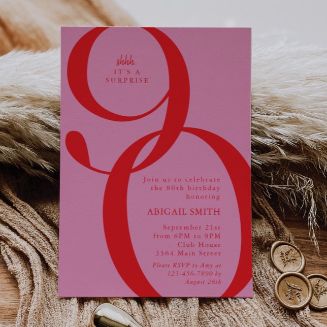 Convite Pink Red Shh It's a Surprise 90th Birthday Party (Criador carregado)