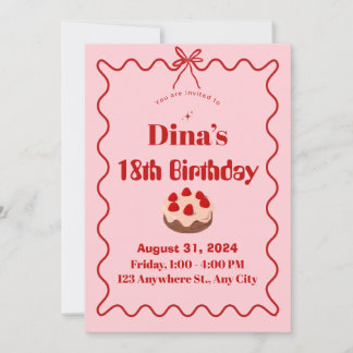 Convite Pink Red Strawberry Cupcake Birthday Invite