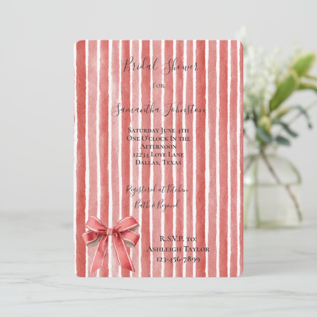 Convite Pink Red Stripes Bow Bridal Shower (Em pé/Frente)