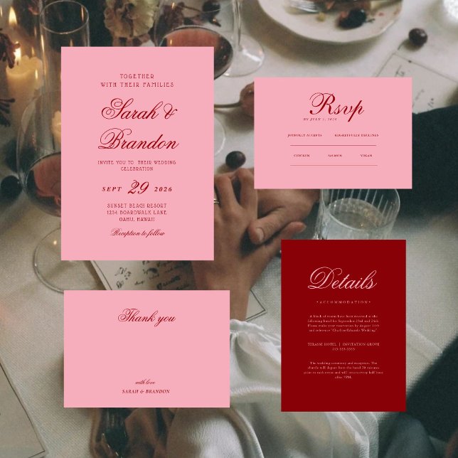 Convite Pink Red Valentines Minimalist Script Wedding (Criador carregado)