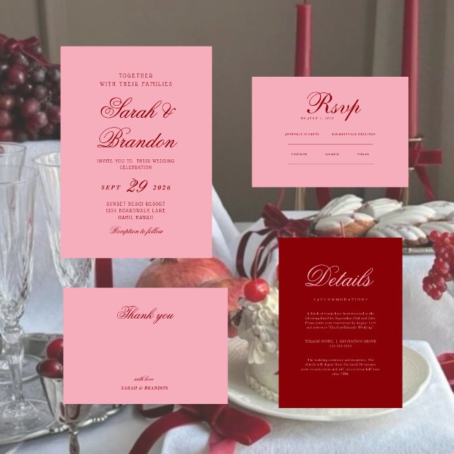 Convite Pink Red Valentines Minimalist Script Wedding (Criador carregado)