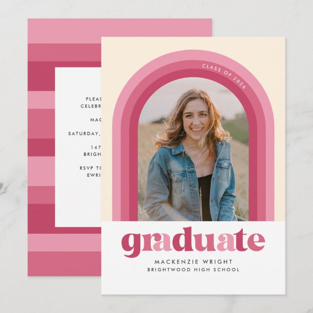 Convite Pink Retro Arch Graduation Announcement (Frente/Verso)