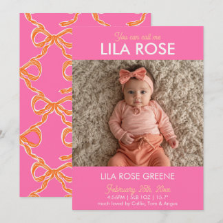 Convite Pink Retro Bow Photo Birth Announcement Card
