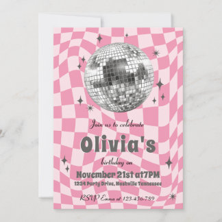 Convite Pink Retro Groovy Coquette Disco Ball Birthday