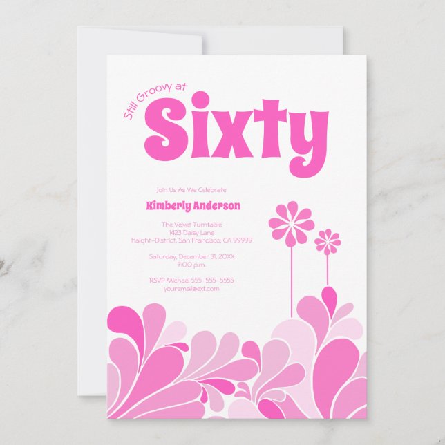 Convite Pink Retro Mid-Century Sixty Birthday (Frente)