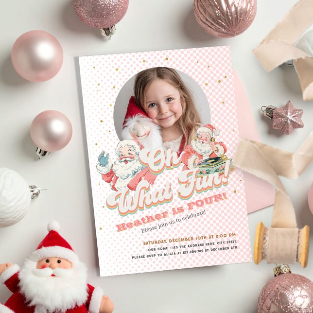 Convite Pink Retro Papai Noel - Que Divertido, Foto (Oh What Fun, Retro Santa Themed Photo Invitation. Christmas Themed Girl Birthday invitation.)