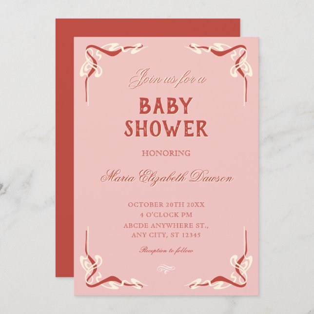 Convite Pink retro vintage baby shower (Frente/Verso)