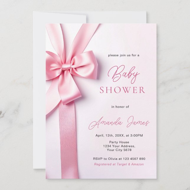 Convite Pink Ribbon Bow Baby Shower (Frente)