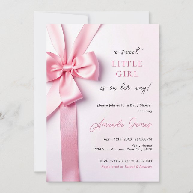 Convite Pink Ribbon Bow Baby Shower Sweet Little Girl (Frente)