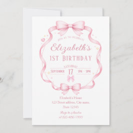 Convite Pink Ribbon Bow Coquette First Birthday Invitation