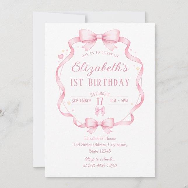Convite Pink Ribbon Bow Coquette First Birthday Invitation (Frente)