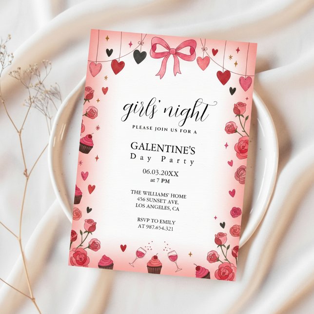 Convite Pink Ribbon Bow Galentine's Invitation (Pink Ribbon Invitation)
