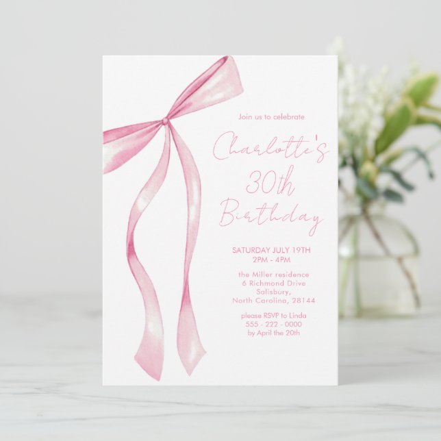 Convite Pink Ribbon Elegant 30th Birthday Invitation (Em pé/Frente)