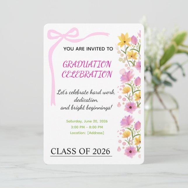 Convite Pink Ribbon Graduation Party Invitation (Em pé/Frente)