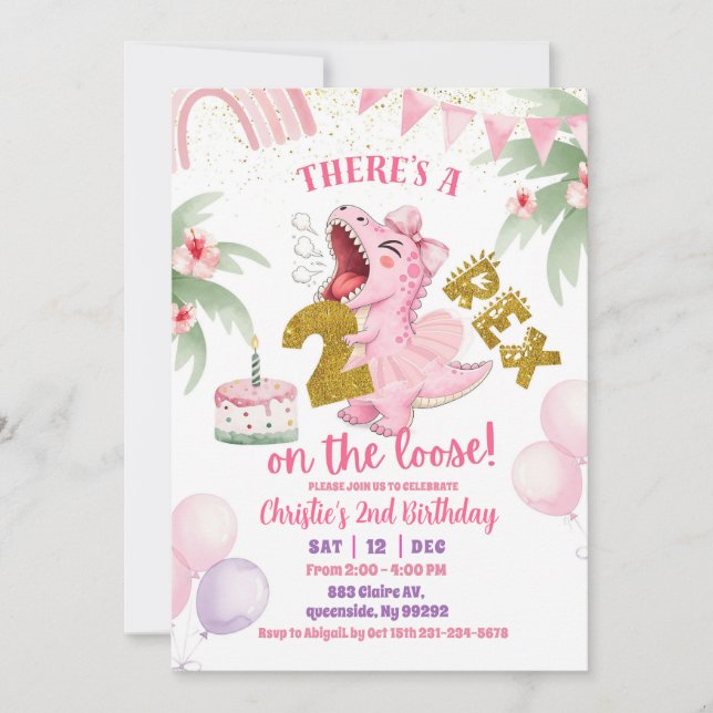 Convite Pink Roaring Dinosaur 2-rex birthday Invitation (Frente)