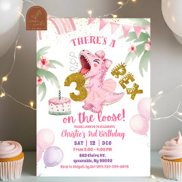 Convite Pink Roaring Dinosaur 3-rex birthday Invitation