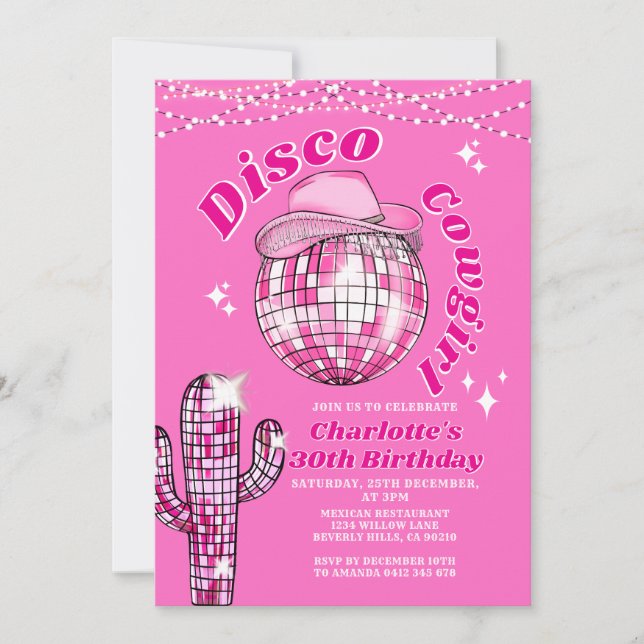 Convite Pink Rodeo Disco Cowgirl Bling Cactus Birthday (Frente)
