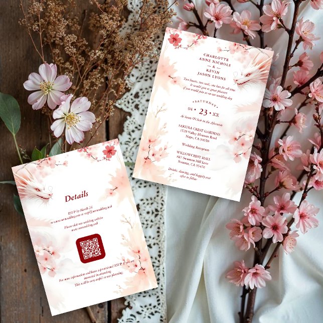 Convite Pink Romantic Sakura & Japanese White Dragon (Pink Shades Romantic Sakura and Japanese White Dragon Wedding Design Invitation Cards with QR Code.)