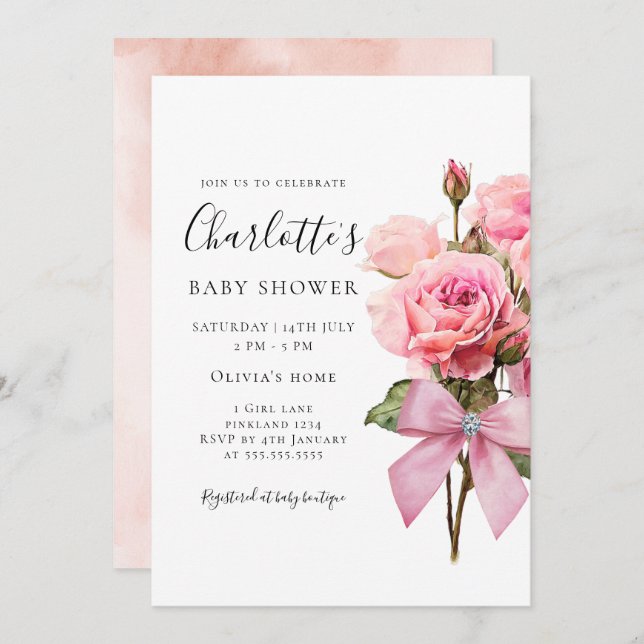 Convite Pink Rose Diamond Bow Girl Baby Shower Invitation (Frente/Verso)