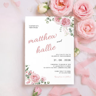 Convite Pink Rose Eucalyptus Watercolor Wedding Invitation