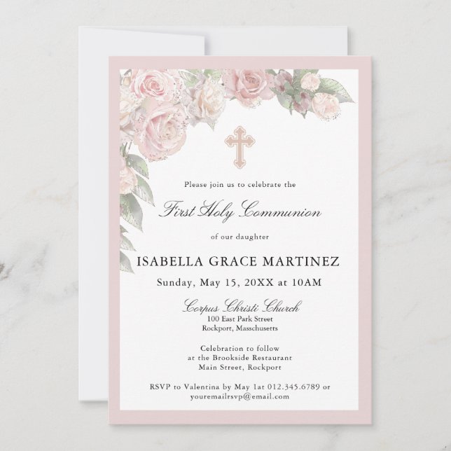 Convite Pink Rose Floral First Communion Invitation (Frente)