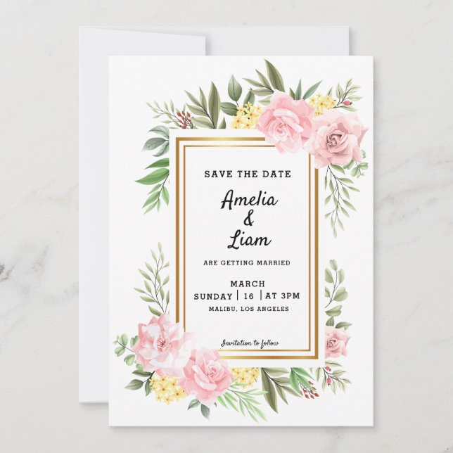 Convite Pink Rose Floral Theme Casamento Salve A Data (Frente)