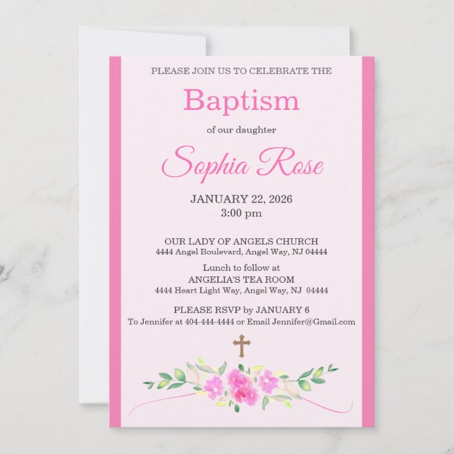 Convite Pink Rose Floral Watercolor Cross Stripe Baptism (Frente)