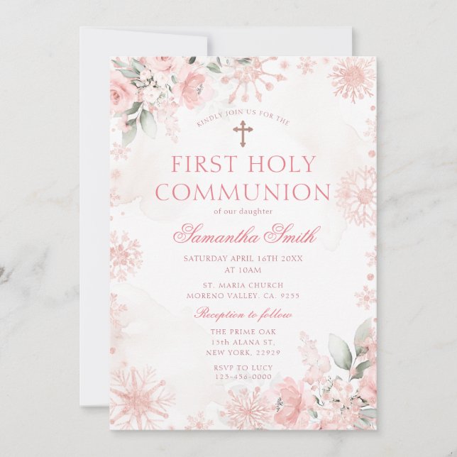 Convite Pink Rose Gold Floral Winter First Holy Communion (Frente)