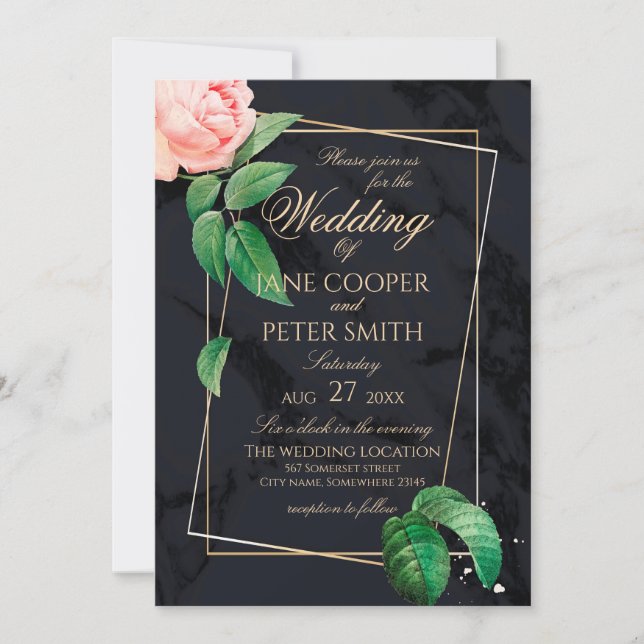 Convite Pink rose & gold frame floral Wedding Invitation (Frente)