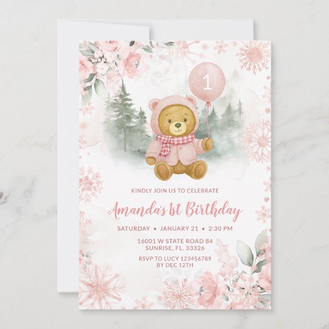 Convite Pink Rose Gold Winter Bear Balloon 1st Birthday (Frente)