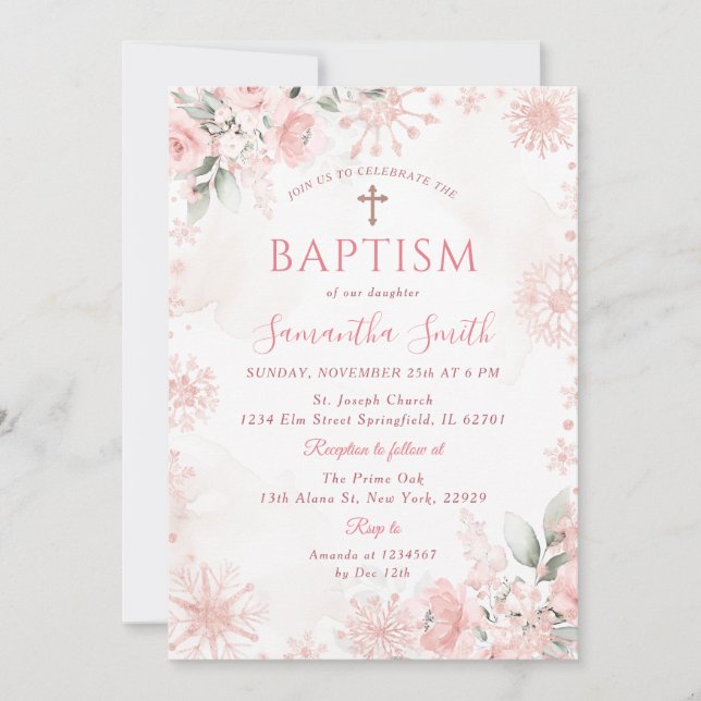 Convite Pink Rose Gold Winter Floral Cross Girl Baptism (Frente)