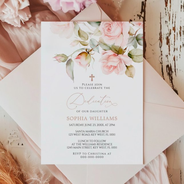 Convite Pink Rose & Greenery Leaves Dedication Invitation (Criador carregado)