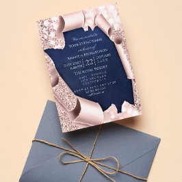 Convite Pink Rose Pastel Pó 3D Quadro Azul Marinho