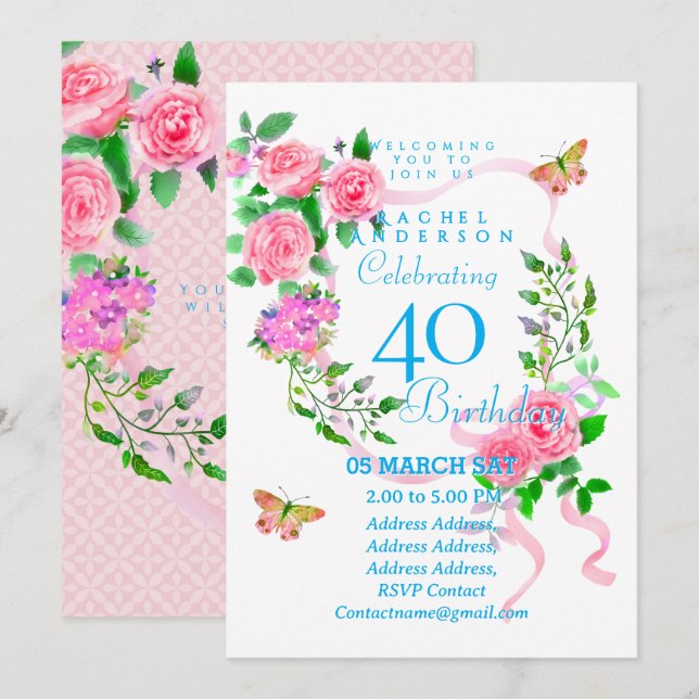 Convite Pink Rose Ribbon 40th  Birthday Invitation (Frente/Verso)