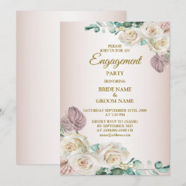 Convite Pink Rose Watercolor Greenery Golden Engagement