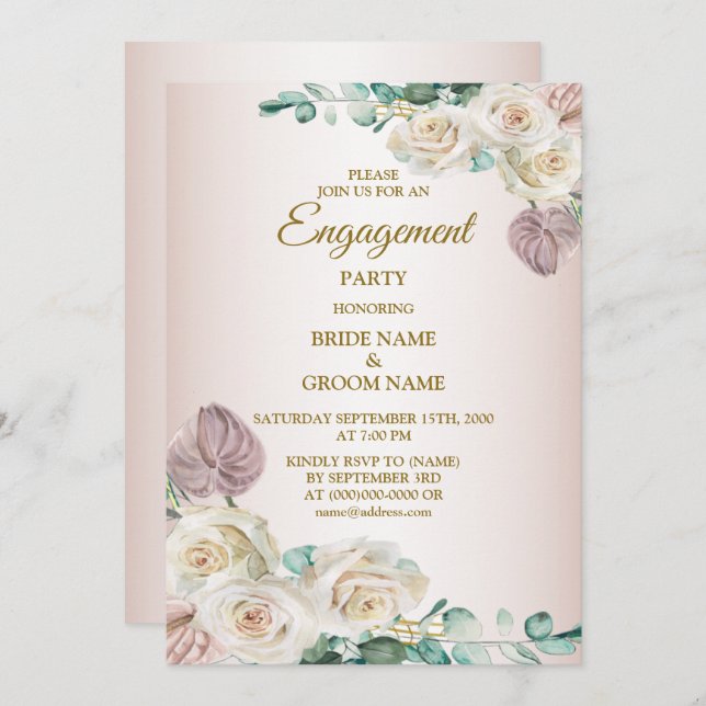 Convite Pink Rose Watercolor Greenery Golden Engagement (Frente/Verso)