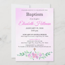 Convite Pink Rose Watercolor Ombre Cross Baptism