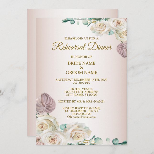 Convite Pink Rose Watercolor Wedding Rehearsal Dinner (Frente/Verso)