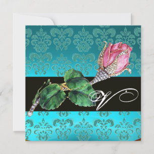 CONVITE PINK ROSEBUD DIAMOND JEWEL , BLUE DAMASK MONOGRAM