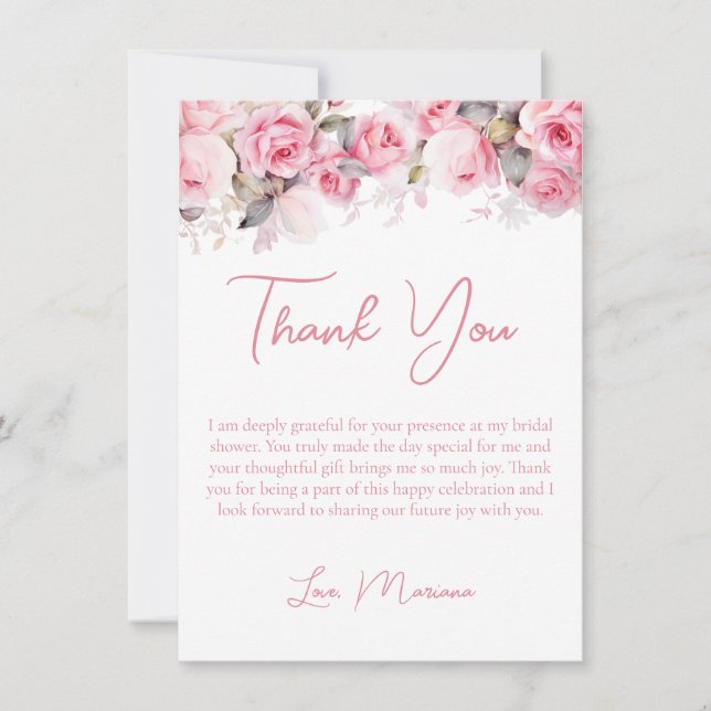 Convite Pink Roses Bridal Shower Thank You Card (Frente)