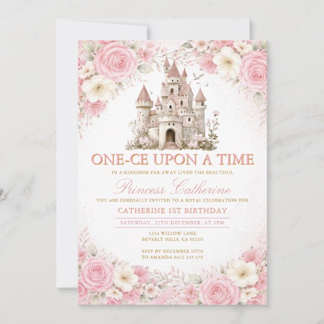 Convite Pink Roses Castle Princess Birthday Invitation (Frente)