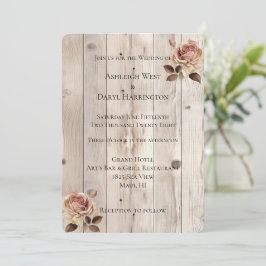 Convite Pink Roses Cream White Wood Wedding