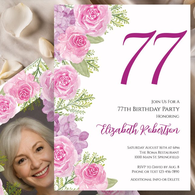 Convite Pink Roses Custom Photo Template 77th Birthday (Criador carregado)