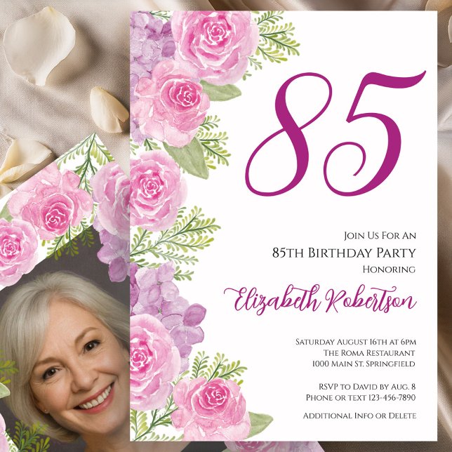 Convite Pink Roses Custom Photo Template 85th Birthday (Criador carregado)