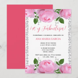 Convite Pink Roses & Diamonds 40th Birthday Spanish