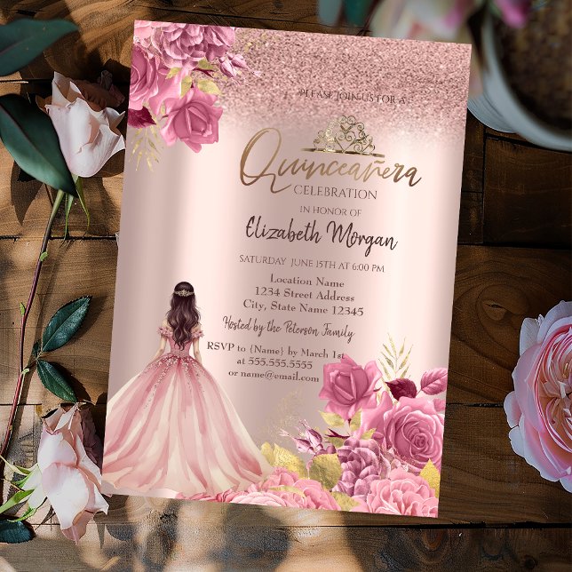 Convite Pink Roses Dress Glitter Rose Gold  Quinceañera (Criador carregado)