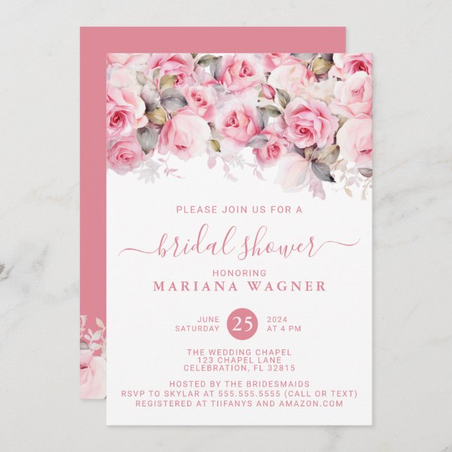 Convite Pink Roses Floral Bridal Shower (Frente/Verso)