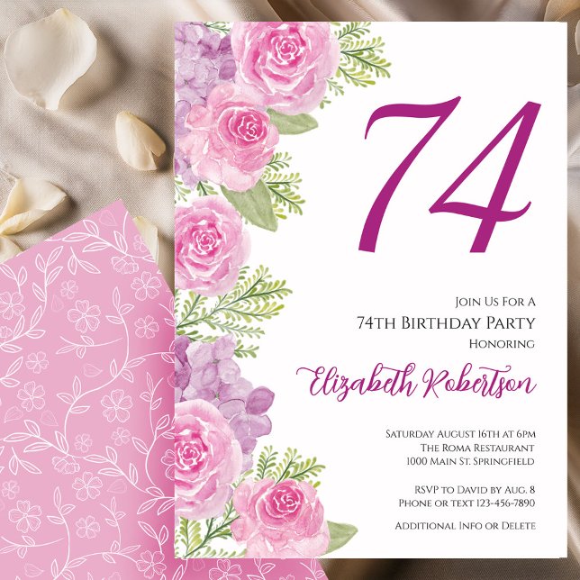 Convite Pink Roses Floral Template 74th Birthday (Criador carregado)